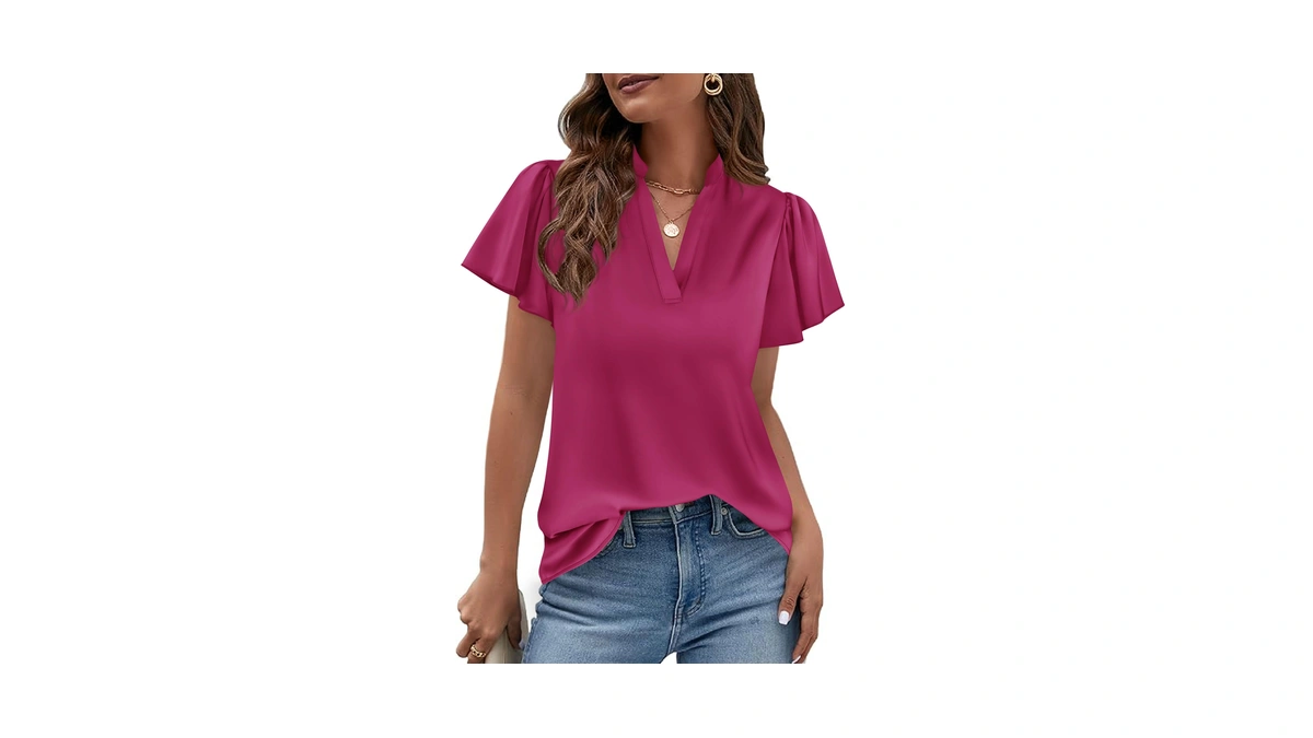 Prettygarden Women's 2026 Summer Satin Blouses Dressy Casual Ruffle Cap