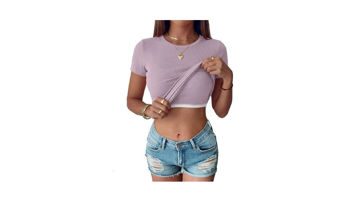 Anrabess Womens Short Sleeve Tops Built In Bra Slim Fitted
