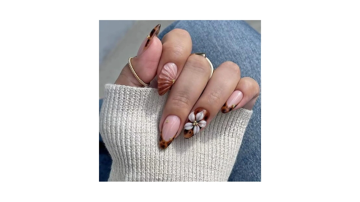 Almond Press On Nails 3d Flower Leopard Print French Tip