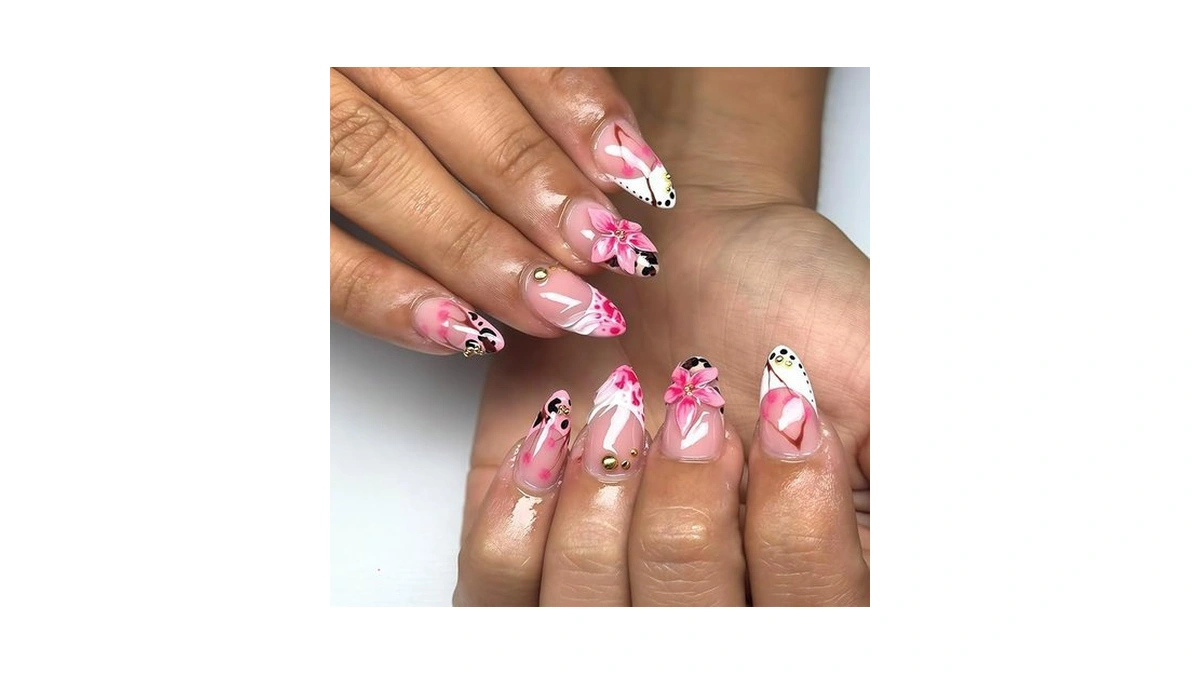 Almond Press On Nails Flower Pink White French Tip Press