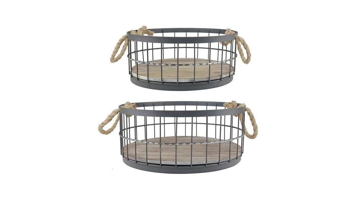 Stonebriar 2pc Round Stackable Metal Wire And Wood Basket Set