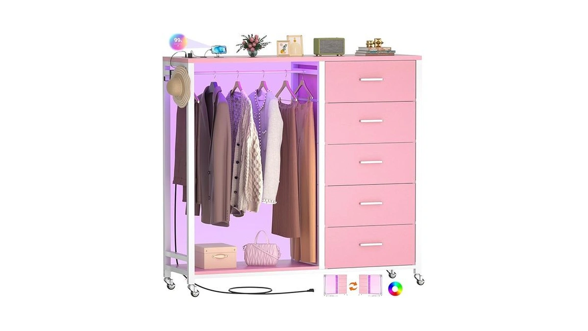 Cyclysio Dresser With Hanging Rack, 5 Fabric Drawers Dresser With