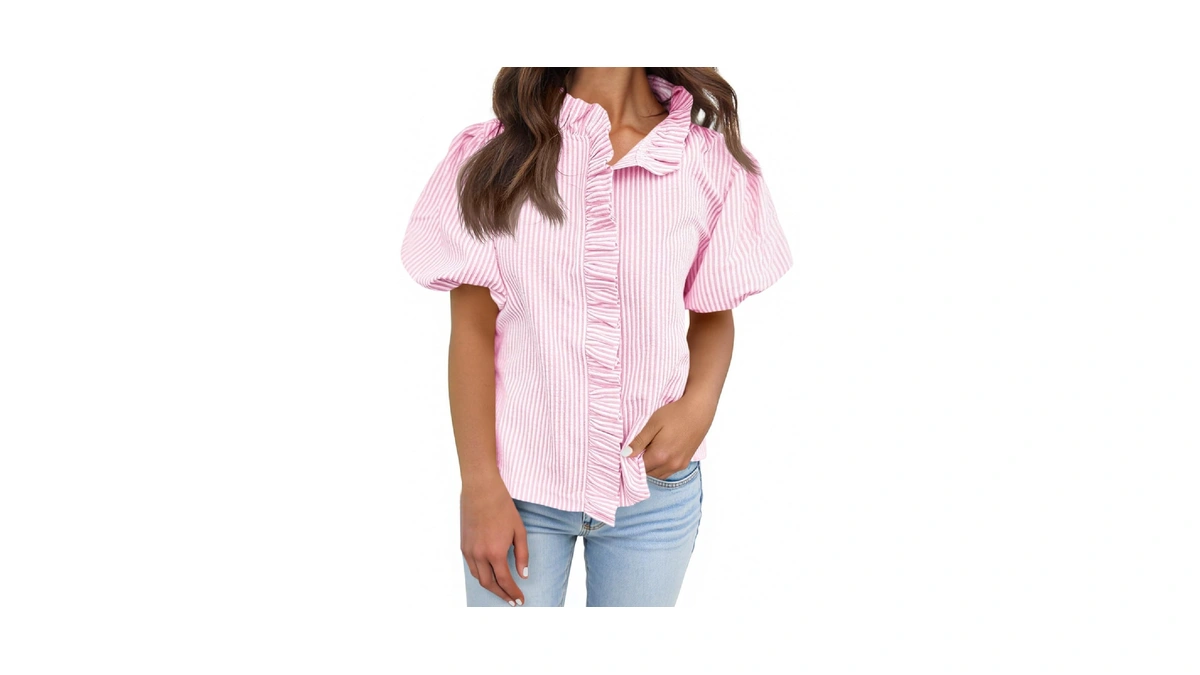 Tankaneo Womens Short Puff Sleeve Button Down Shirts Summer Ruffle