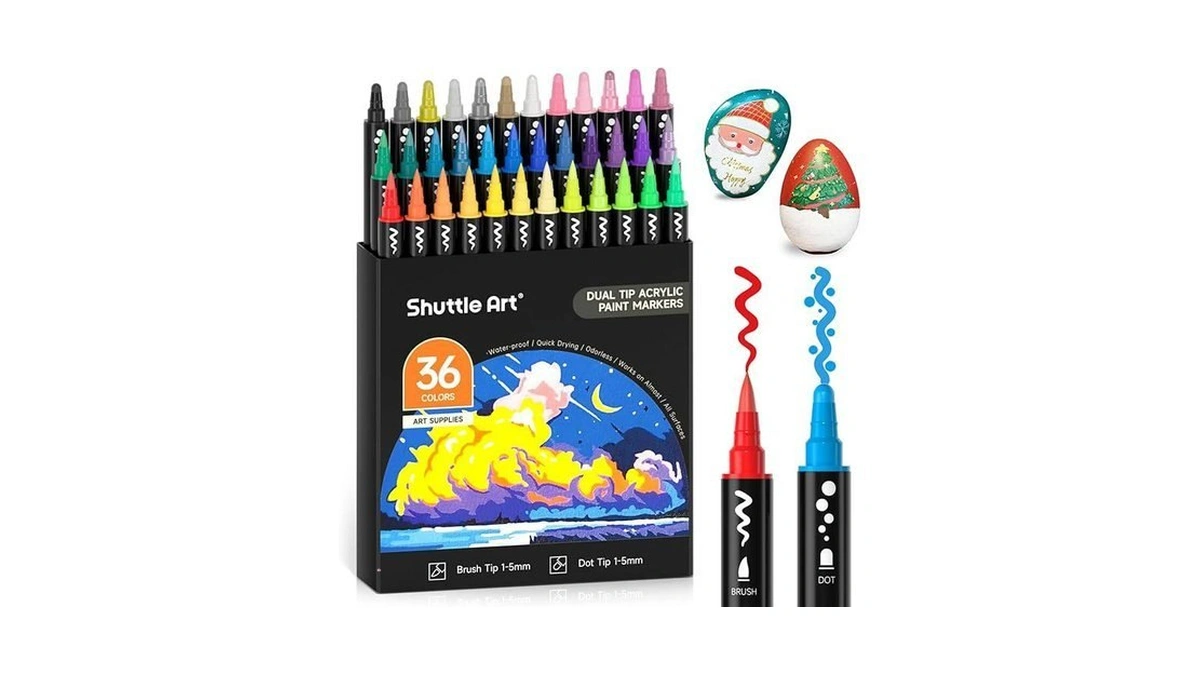 Shuttle Art 36 Colors Dual Tip Acrylic Paint Markers, Brush