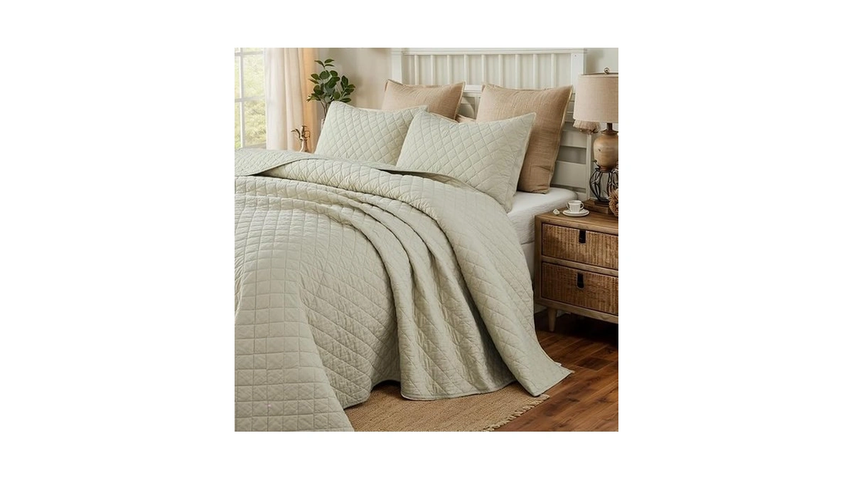 Brandream Queen Size Quilt Set Cotton Beige Quilts Diamond Checker