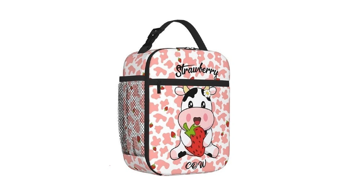Vielegeld Cow Lunch Bag, Strawberry Reusable Insulated Lunch Box Large