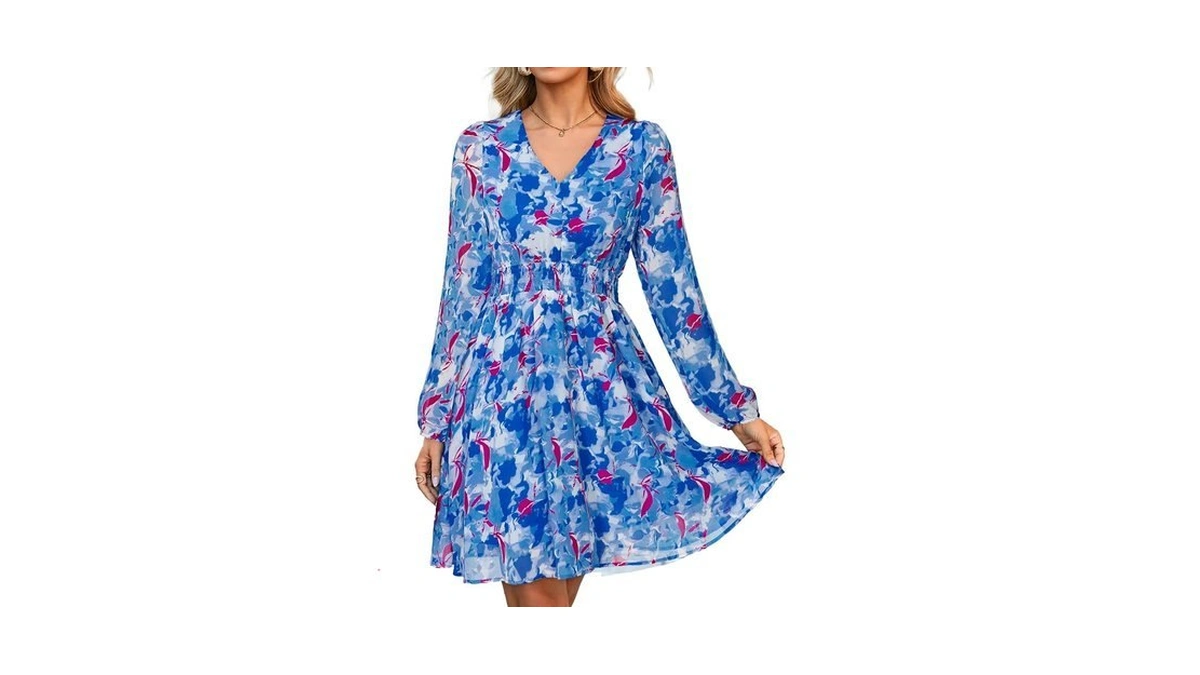 Simplee Womens Floral Mini Dress - Long Sleeve Casual V