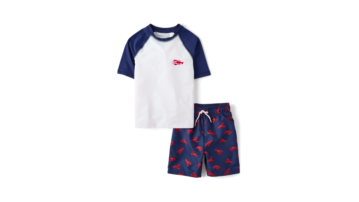 The Children's Place,boys,short Sleeve Rashguard And Swim Trunk, 2-piece Set,lobsters,xx-large