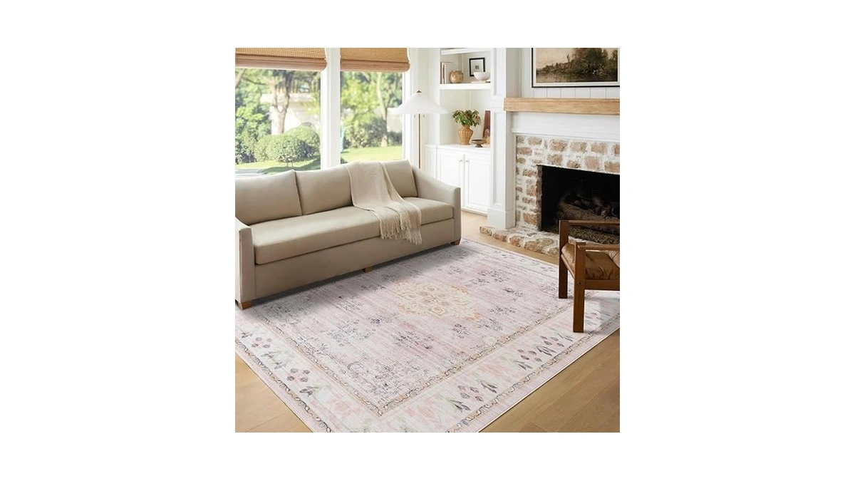 Auemtyn 9x12 Washable Area Rug For Living Room, Pink Rug