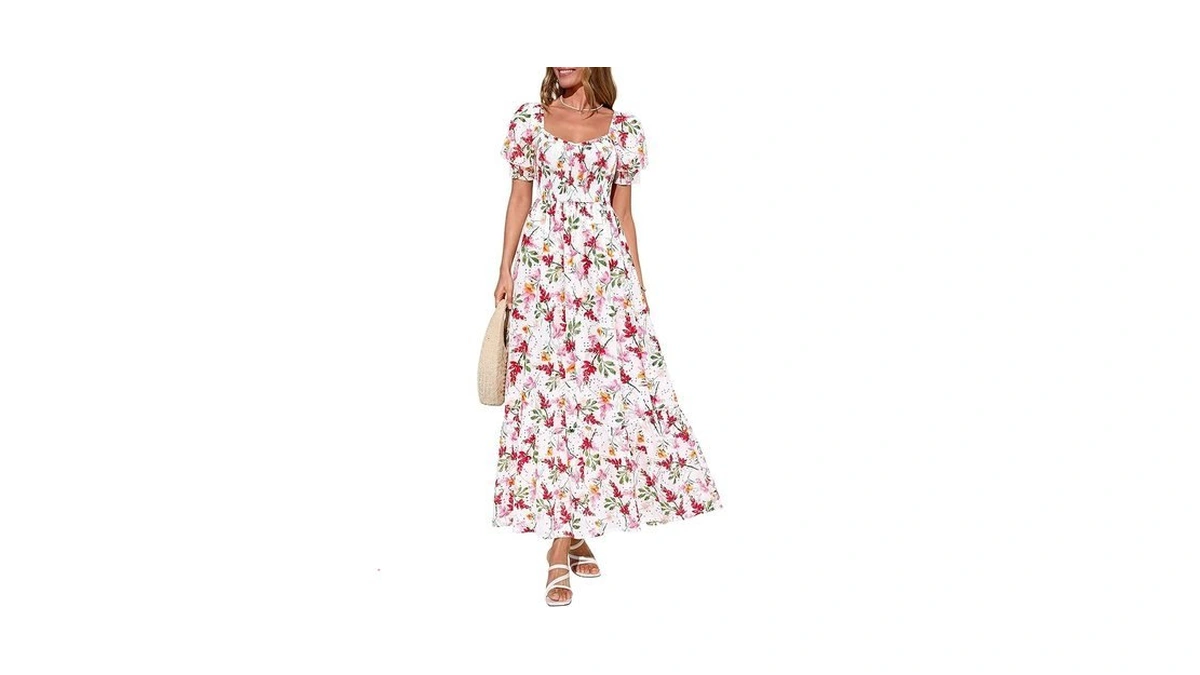 Prettygarden Women's Floral Boho Maxi Dresses Flowy Short Sleeve A