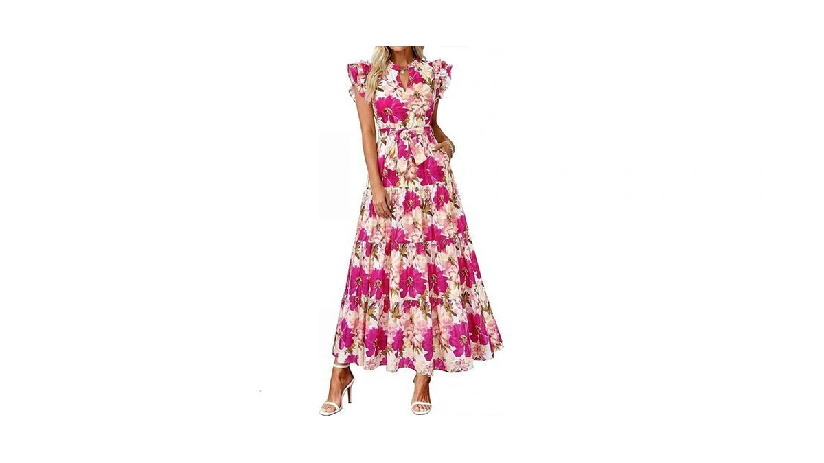 Dowerme Women Summer Maxi Dresses 2026 Ruffle Sleeve V Neck