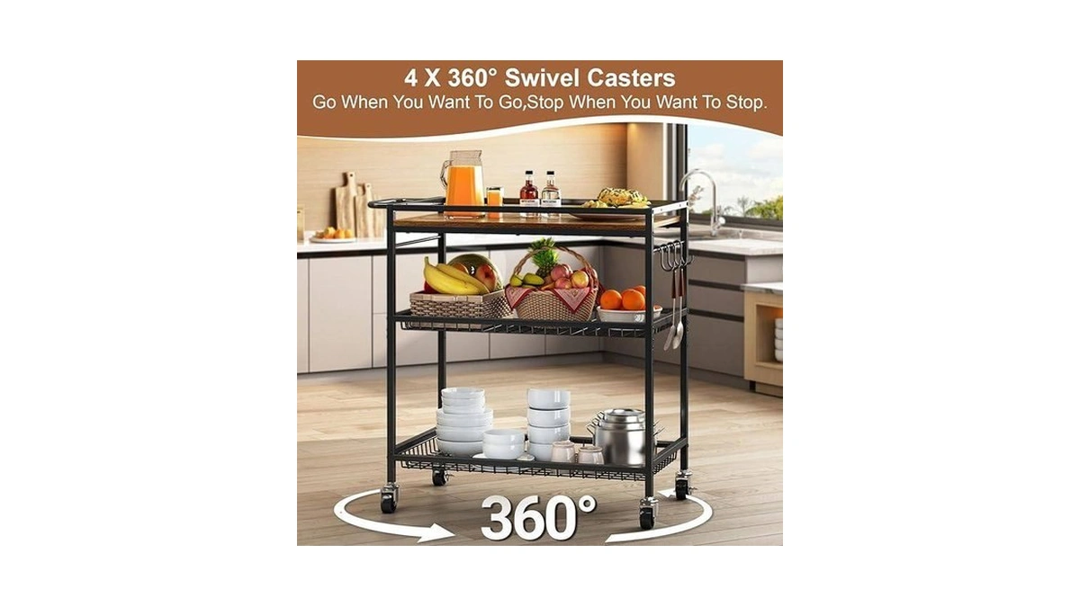 Pkuyres 3 Tier Heavy Duty Rolling Kitchen Cart With Handle