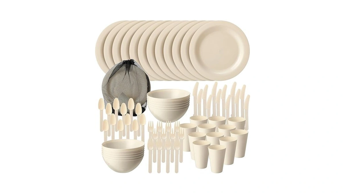 Lemonroad 12 Set Beige Plastic Dinnerware Set With Cutlery Unbreakable