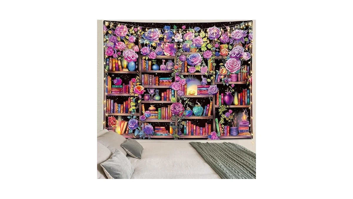 Artcreator Bookshelf Pink And Purple Flower Tapestry Colorful Plants Tapestries