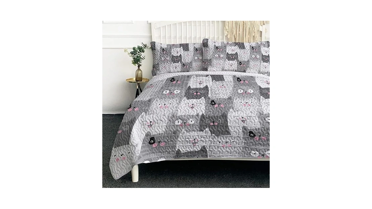 Blessliving Grey Cat Quilt Set King(108"x96"), 3 Pieces Lightweight Cartoon