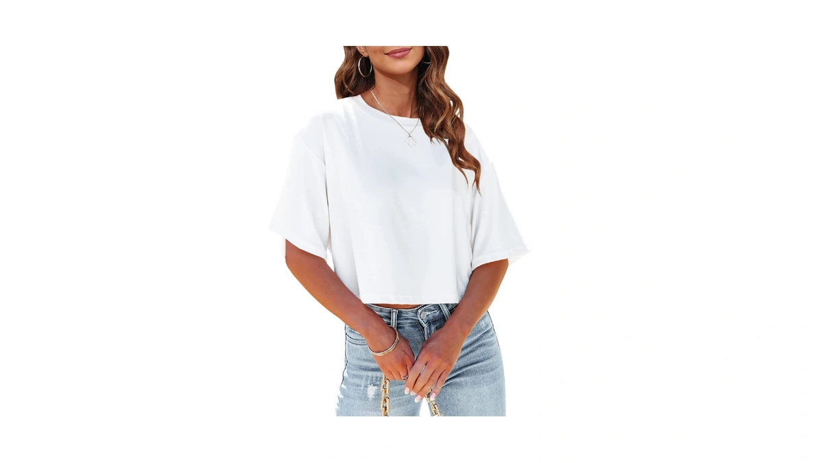 Tankaneo Women Half Sleeve Cropped T-shirts Drop Shoulder Round Neck