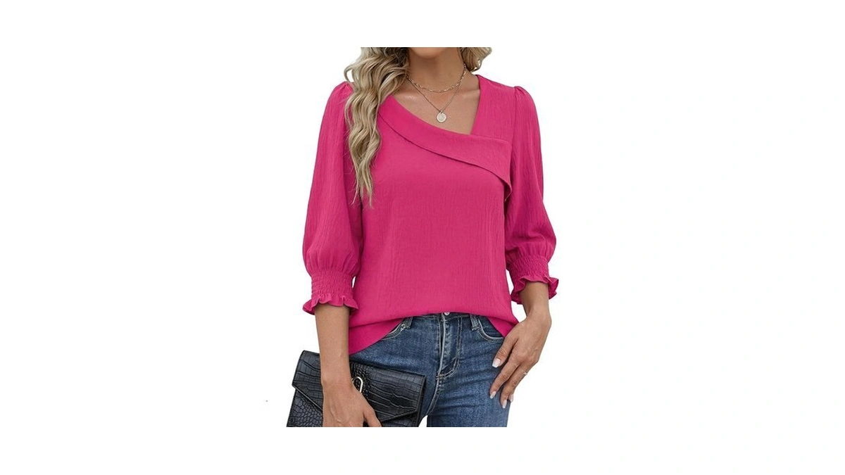 Funlingo Womens Blouses Dressy Casual Fall Asymmetric Square Neck 3/4