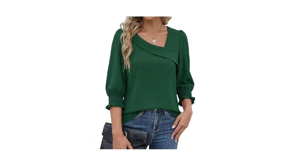 Funlingo 3/4 Length Sleeve Womens Tops Asymmetric Neck Blouses For