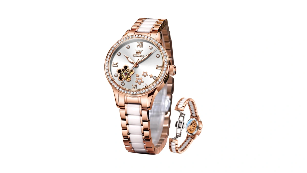 Olevs Rose Gold Womens Watches Self Winding Diamond Luxury Dress