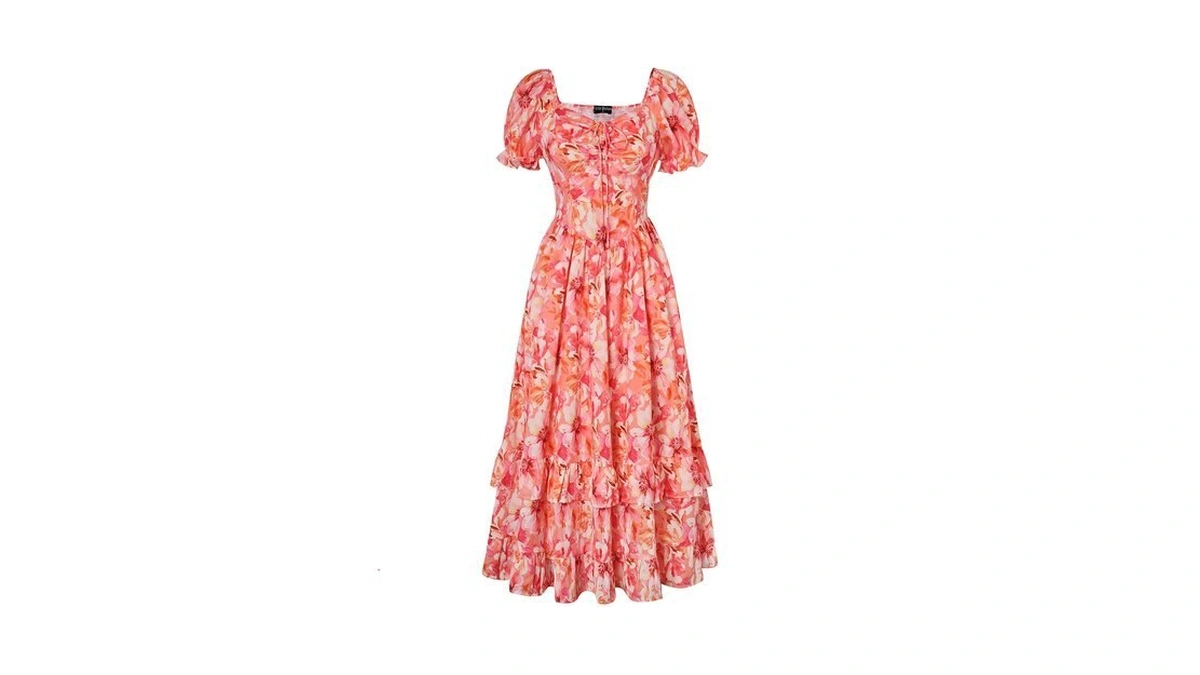 Scarlet Darkness Women Floral Cottagecore Dress Puff Sleeve Maxi Ruffled