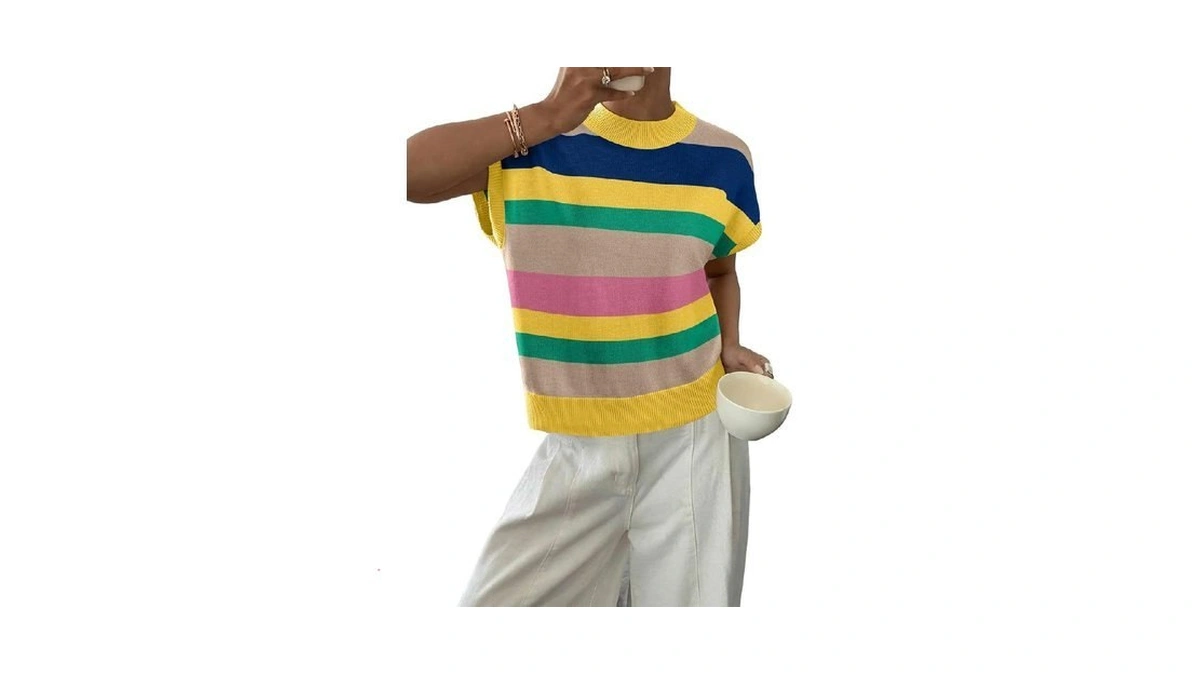 Blencot Womens Tops Fashion Color Block Stripes Ribbed Cap Sleeve