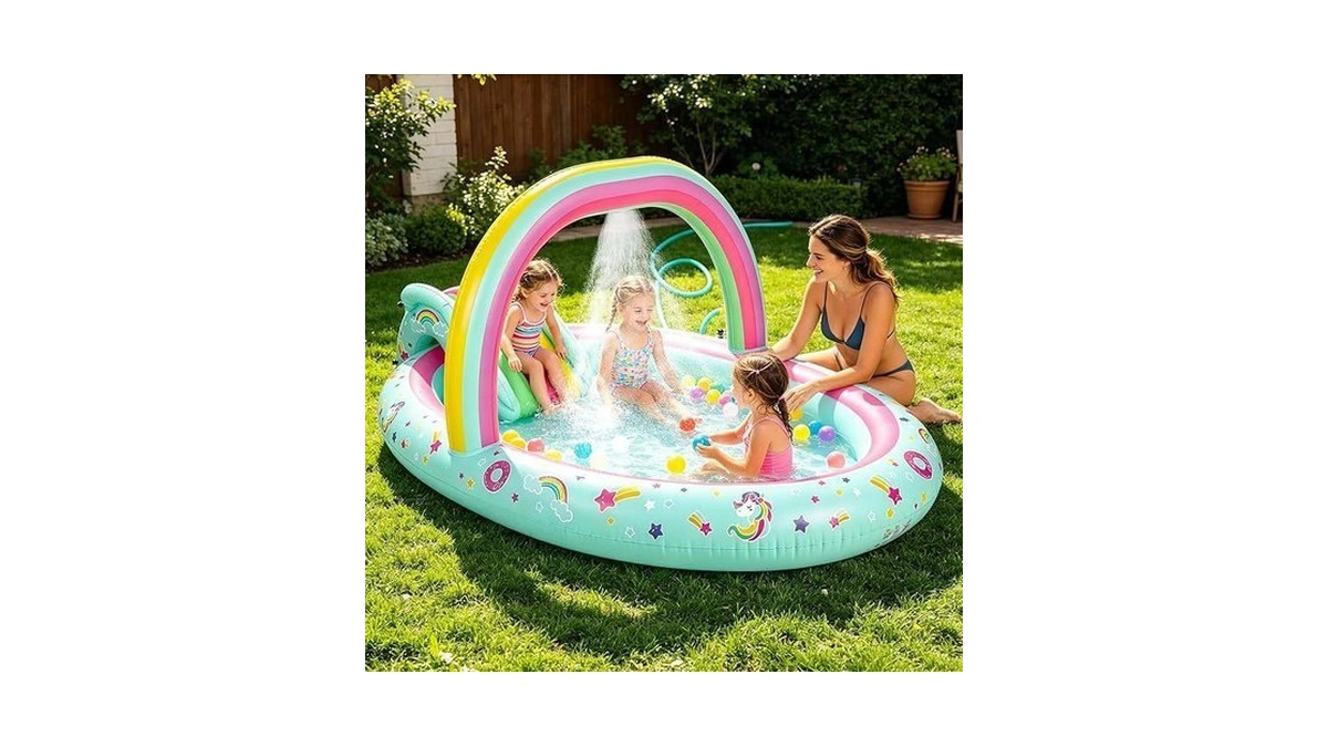 Sulifeel Rainbow Unicorn Inflatable Play Center Kiddie Pool With Slide