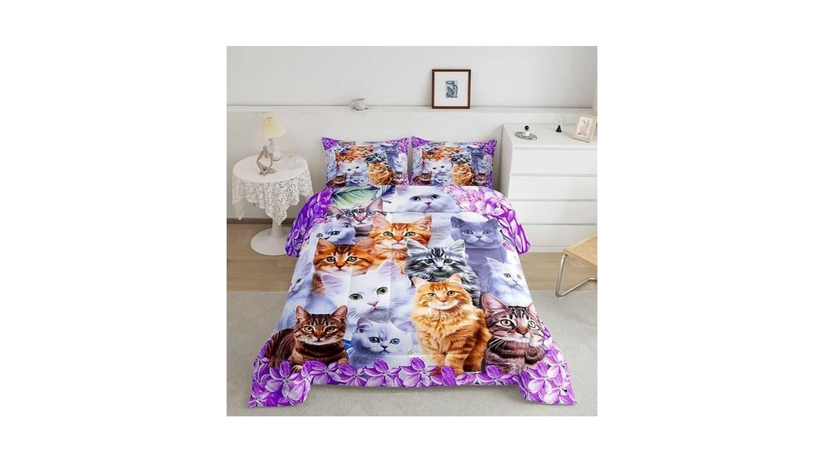 Amazon : Cute Cartoon Cat Twin Comforter Set For