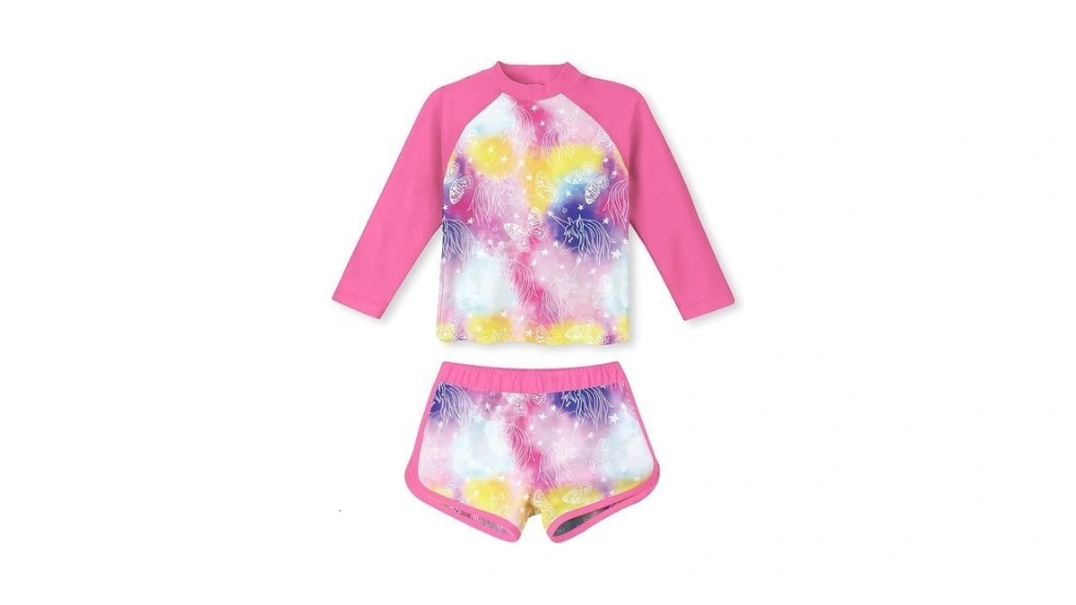 Size 9 10 Girls Rashguard Butterflies Swimsuit 2pcs Long Sleeve
