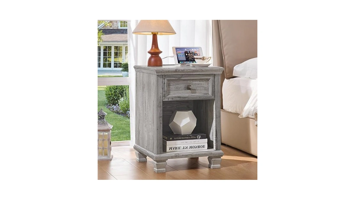 Savor Life Farmhouse Nightstand With Charging Station, Rustic Wood Nightstand
