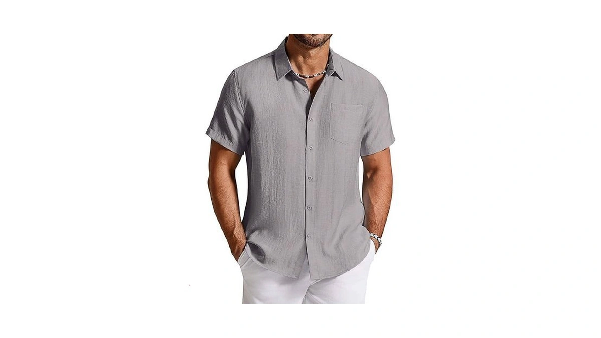 Coofandy Men's Beach Wedding Shirt Casual Short Sleeve Linen Shirts
