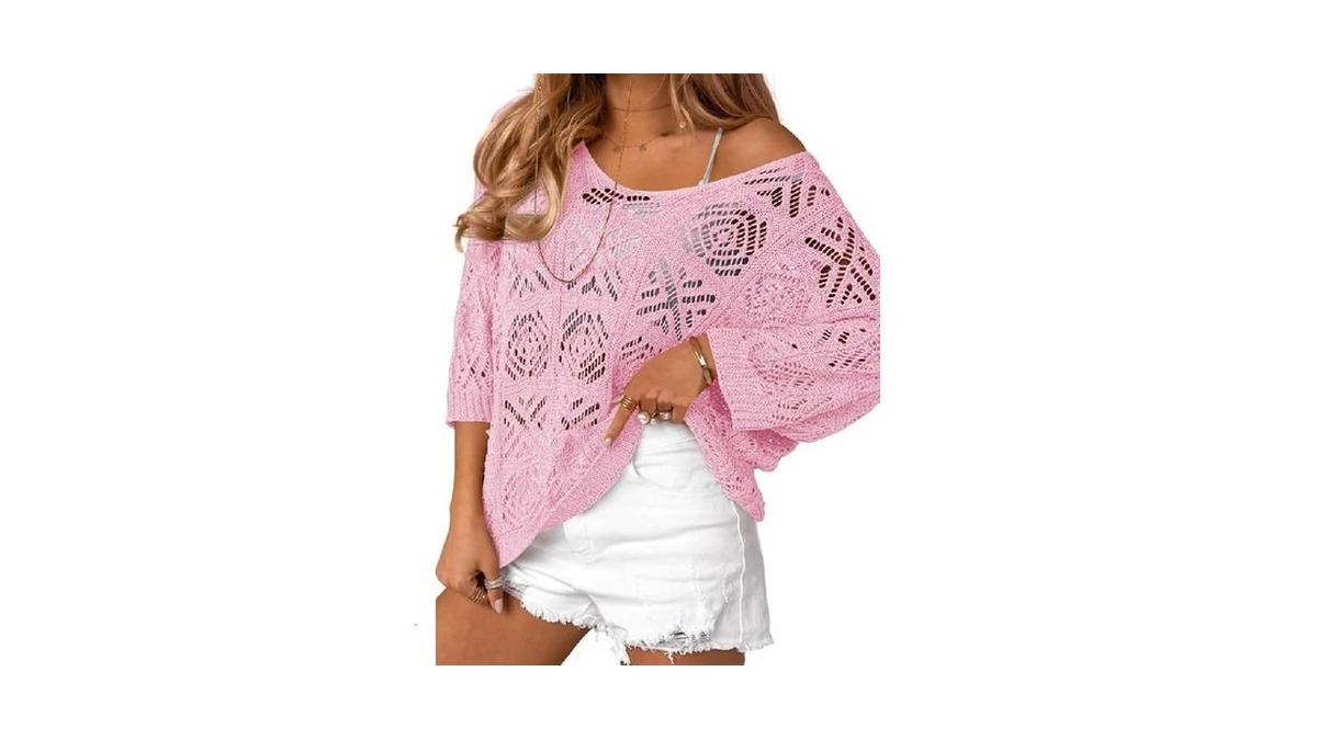 Saodimallsu Womens Crochet Cover Up Top Summer 3/4 Sleeve Off