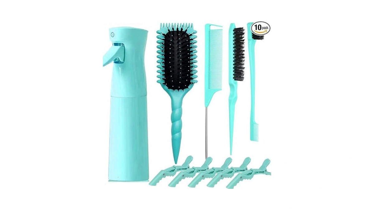 10 Pc Curl Defining Hair Brush Set With Spray Bottle