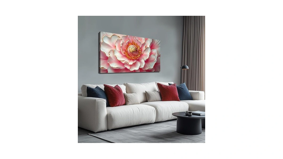 Pink & White Peony Floral Canvas Wall Art With Gold