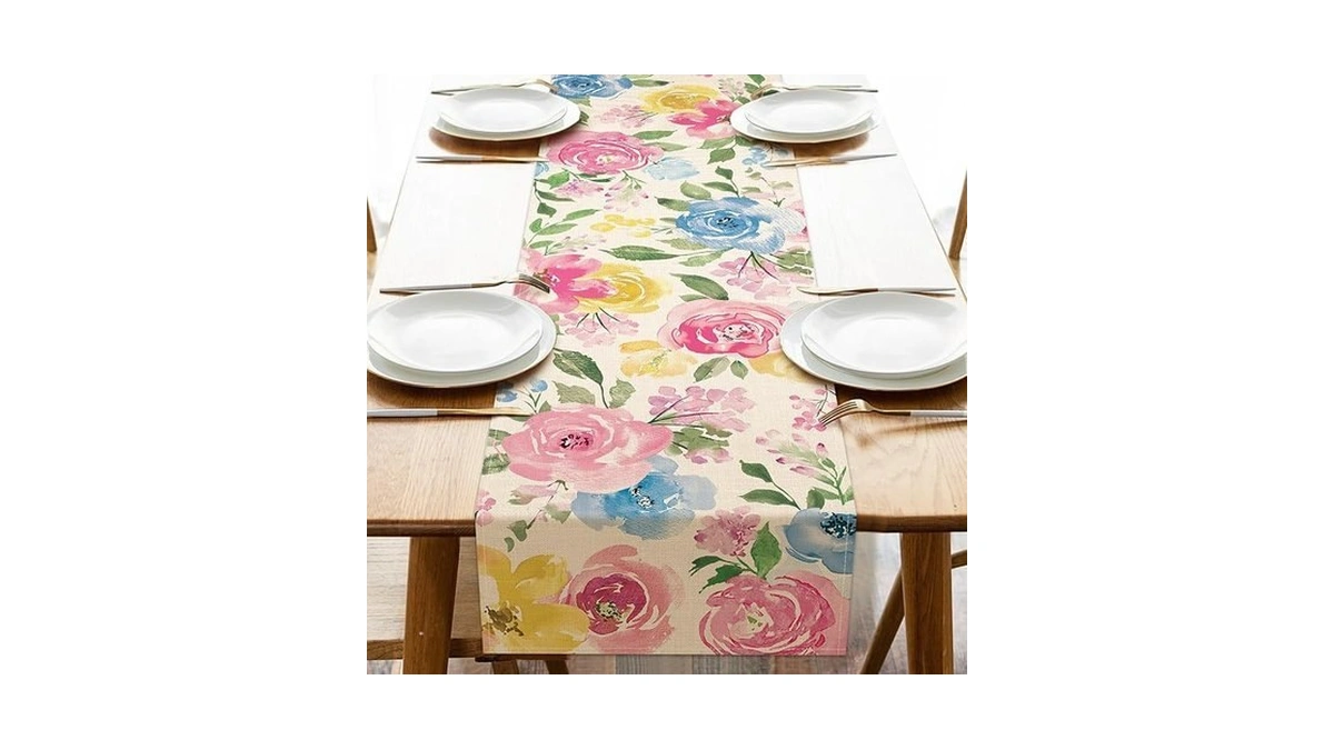 Seliem Spring Summer Watercolor Flower Table Runner, Peony Floral Kitchen