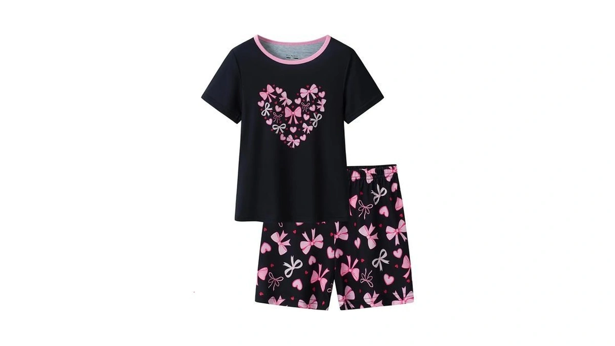 Cychelry Black Bow Love Pajamas For Tween Girls Short Sleeve