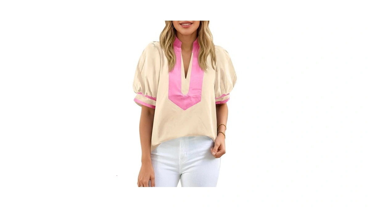 Cicy Bell Womens Color Block Puff Sleeve Blouses Summer Casual
