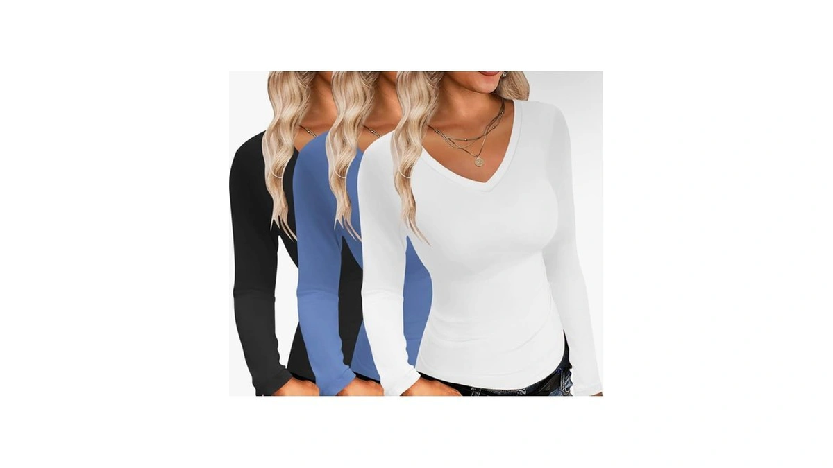 Ekouaer Womens 3 Pack Long Sleeve Shirts V Neck Slim