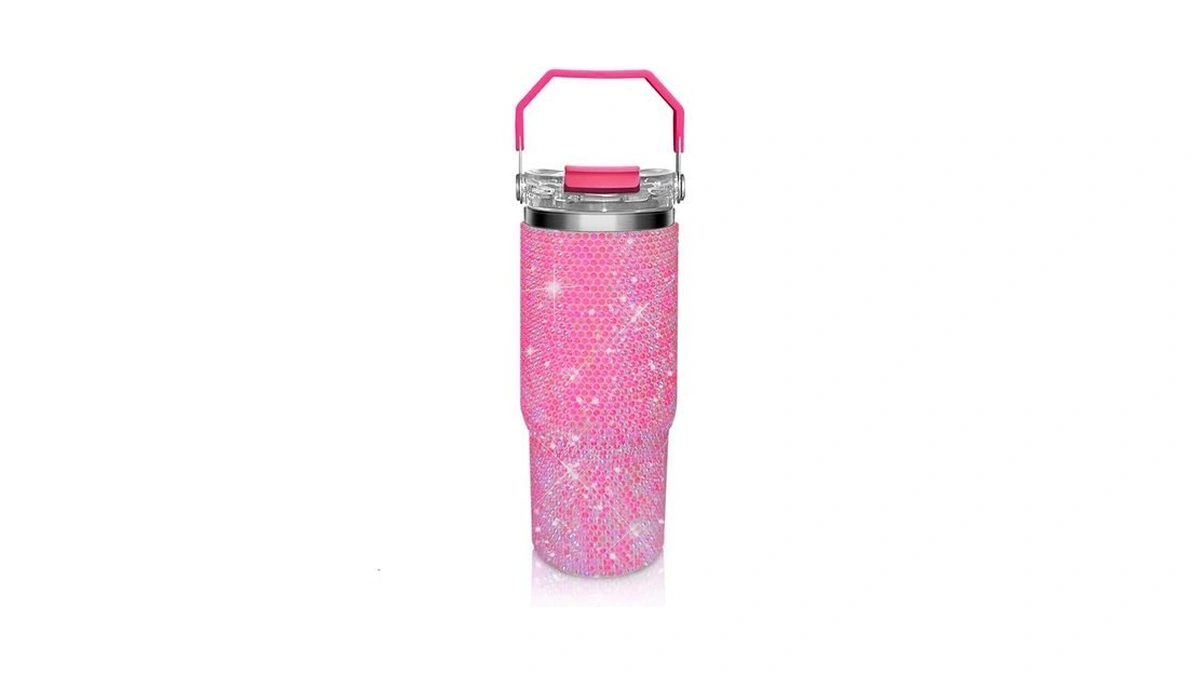 Bling Rhinestone Studded Tumbler With Top Handle, Bling Cups Stainless