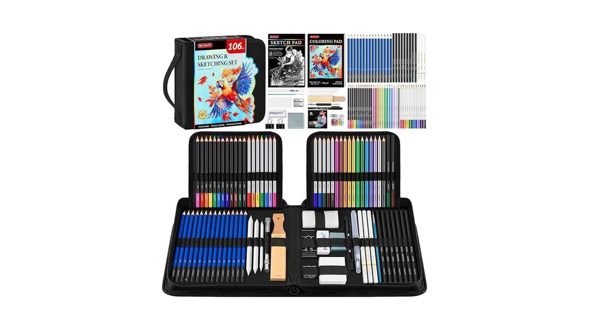 106 Pack Art Supplies Sketching Kit With 3-color Sketchbook, Coloring