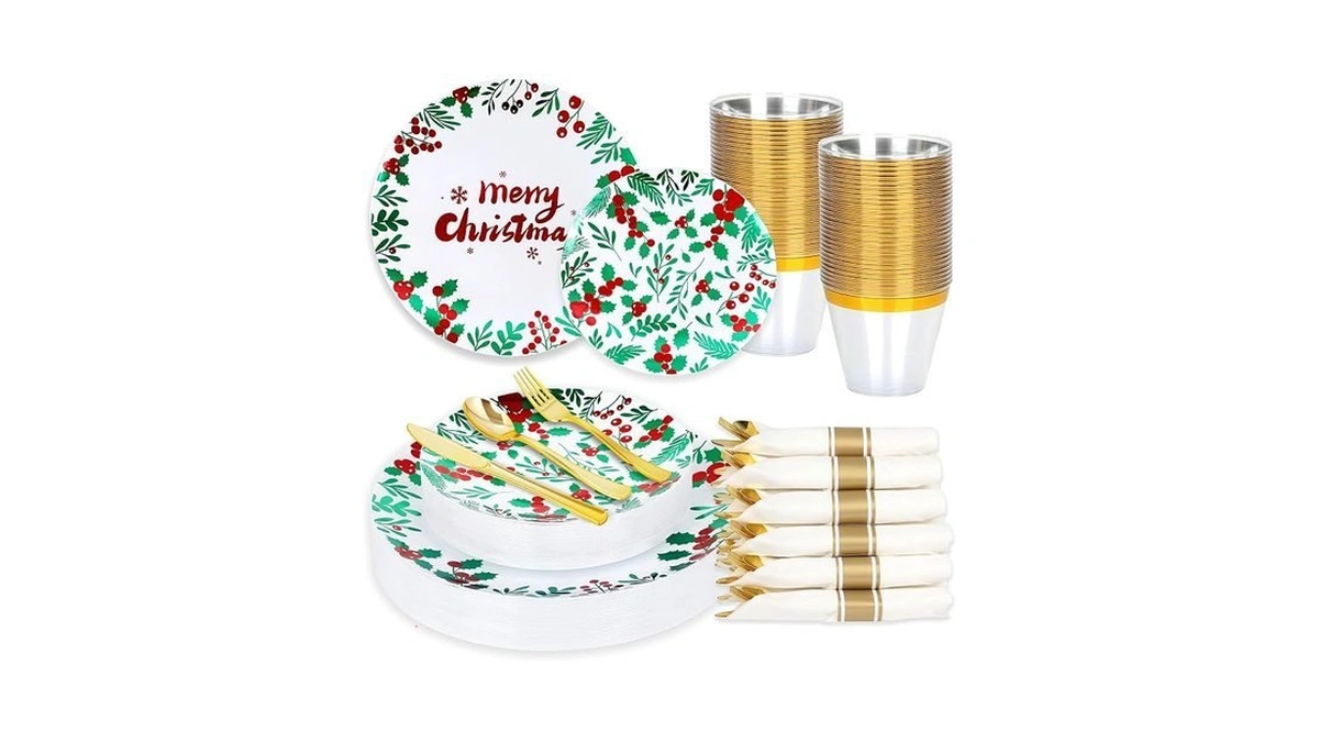 Qonimi 175pcs Christmas Party Supplies - Christmas Plastic Dinnerware Set