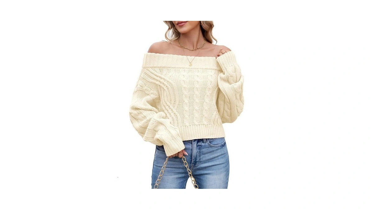 Zaful Women's Off The Shoulder Crop Sweater Winter Fall Cable