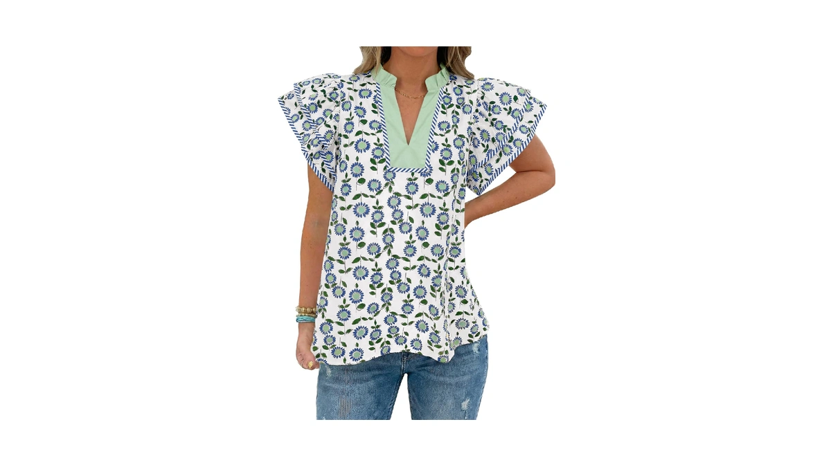 Tankaneo Womens Ruffle Sleeve Floral Blouses Summer Dressy Casual V