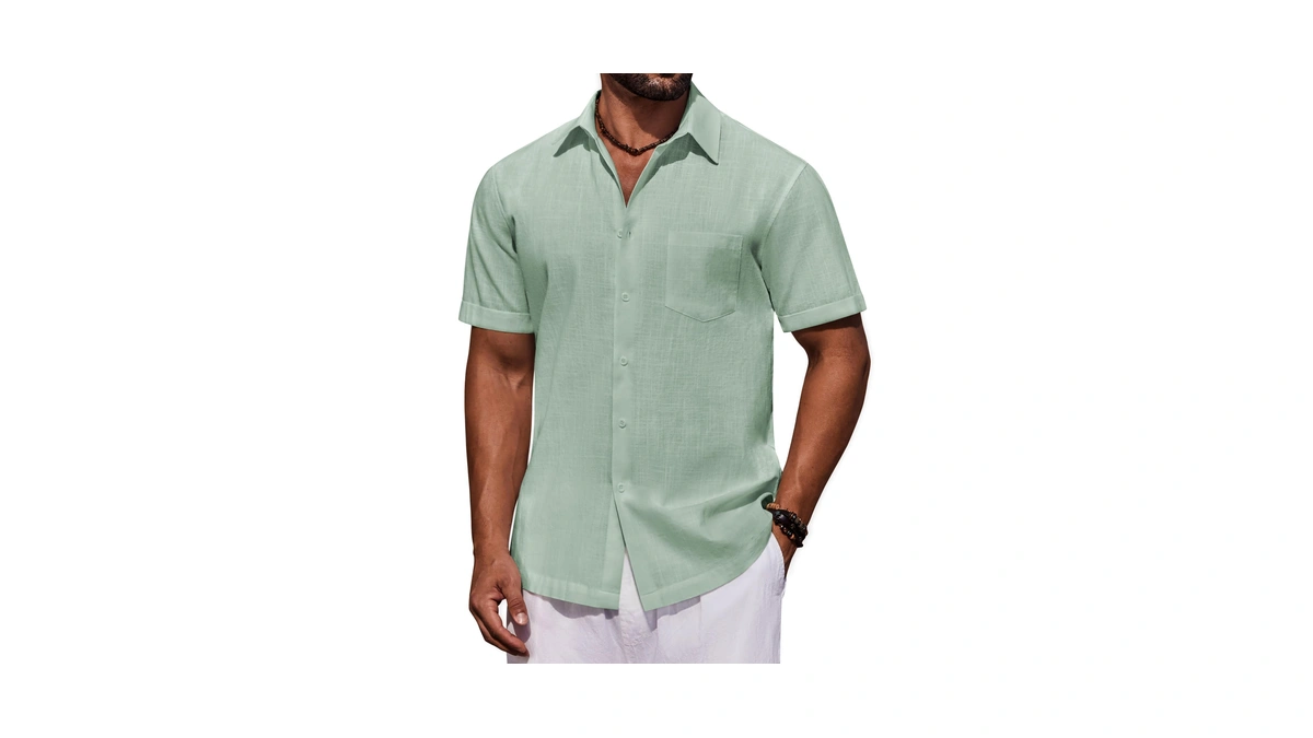 Coofandy Mens Grenn Button Down Shirts Short Sleeve Casual Linen