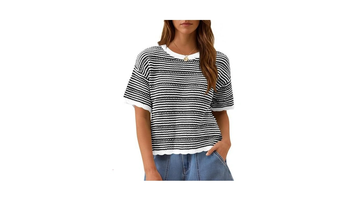 Fisoew Women's Summer Striped Cropped Knit Tops Short Sleeve Crew