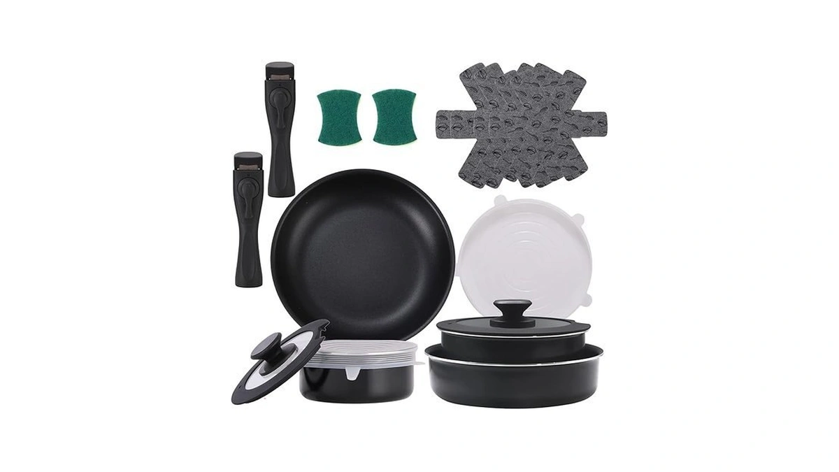 Xeeyaya 16 Pieces Kitchen Removable Handle Cookware Sets, Stackable Pots