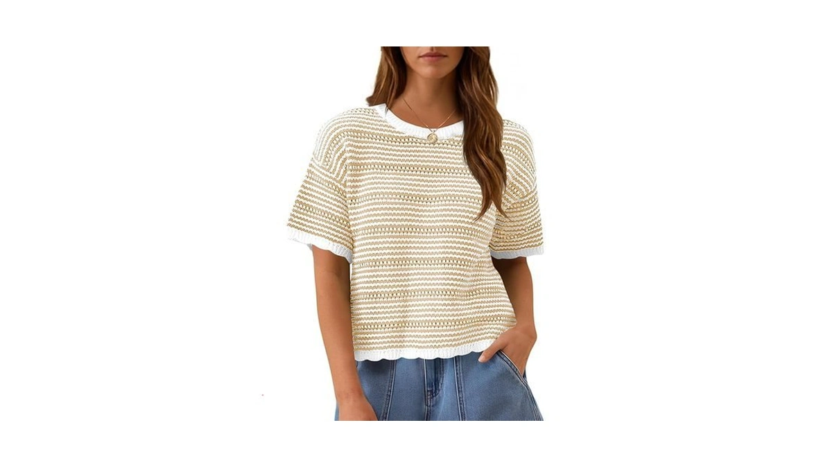 Fisoew Women's Summer Striped Cropped Knit Tops Short Sleeve Crew