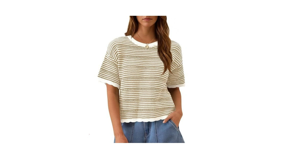 Fisoew Women's Summer Striped Cropped Knit Tops Short Sleeve Crew