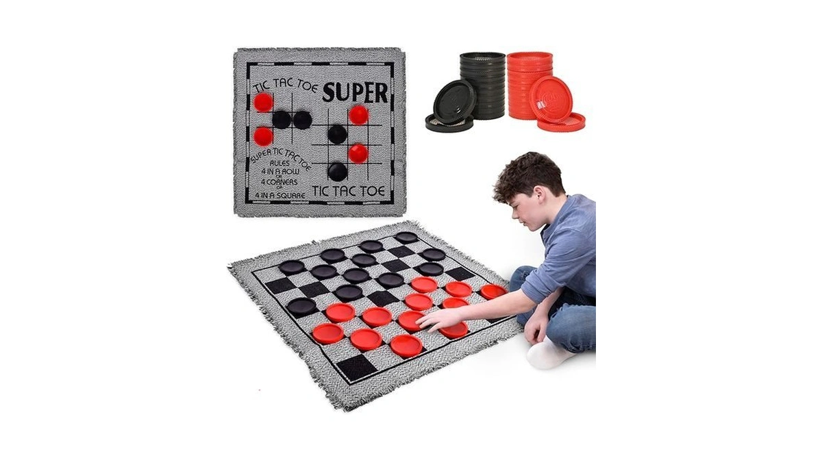 3-in-1 Vintage Giant Checkers Set, Tic Tac Toe With Reversible