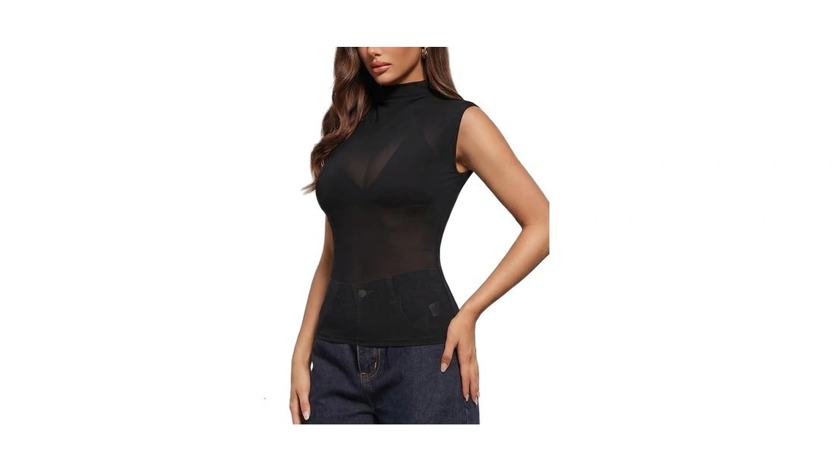 Yoins Women's Sheer Mesh Mock Neck Tank Tops Sleeveless Transparent