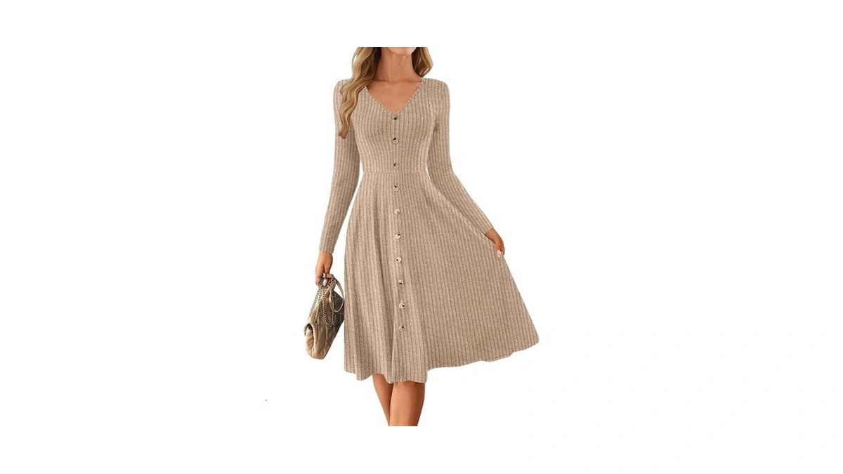 Lazysmile Long Sleeve Fall Winter Dresses For Women V Neck